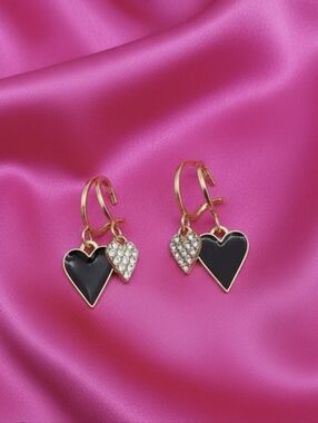 Heart Drop Earrings with Black Enamel and Crystal Accent